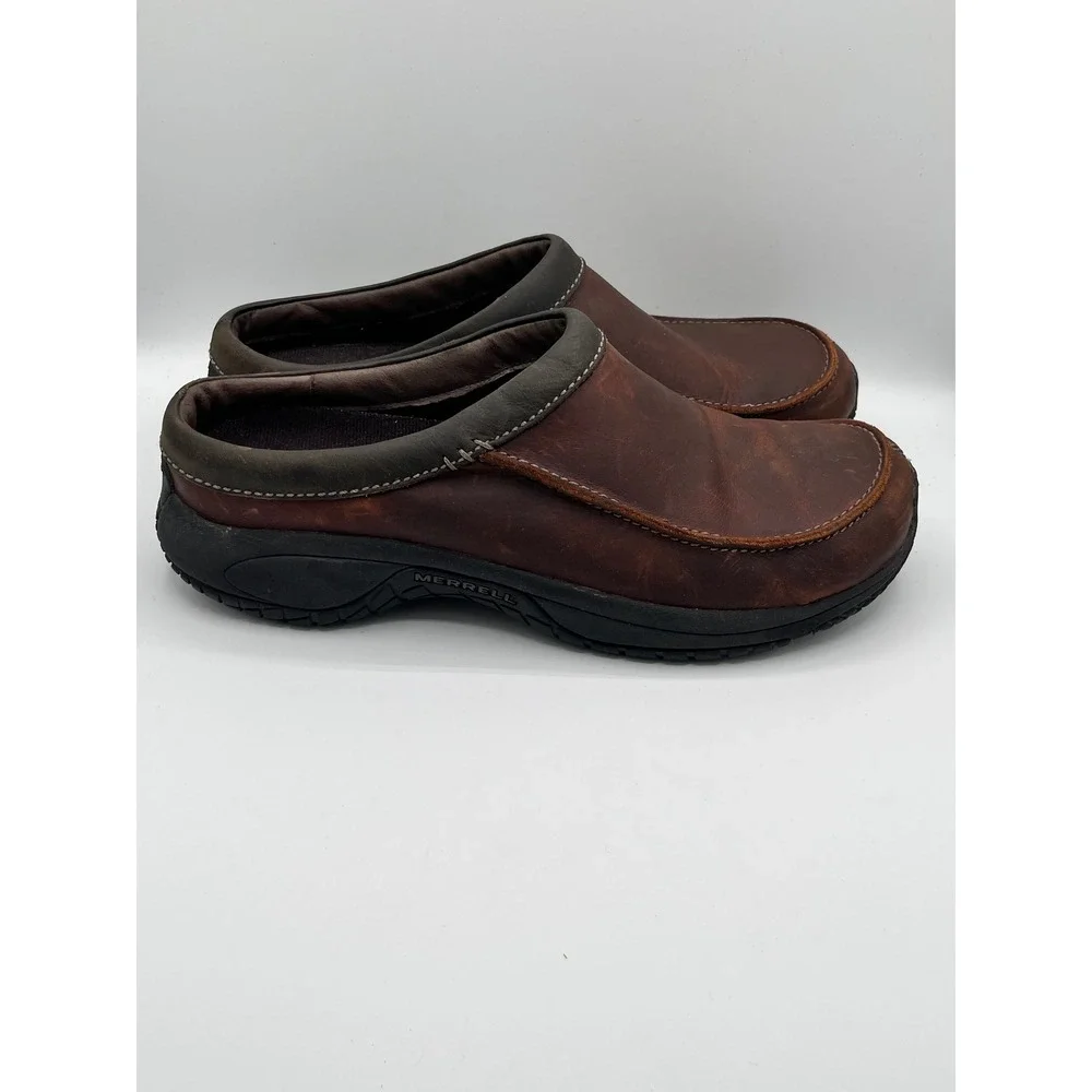 Merrell Encore Slide Rust Brown Leather Men Sz 11 Slip On Clogs J66067 Cushion